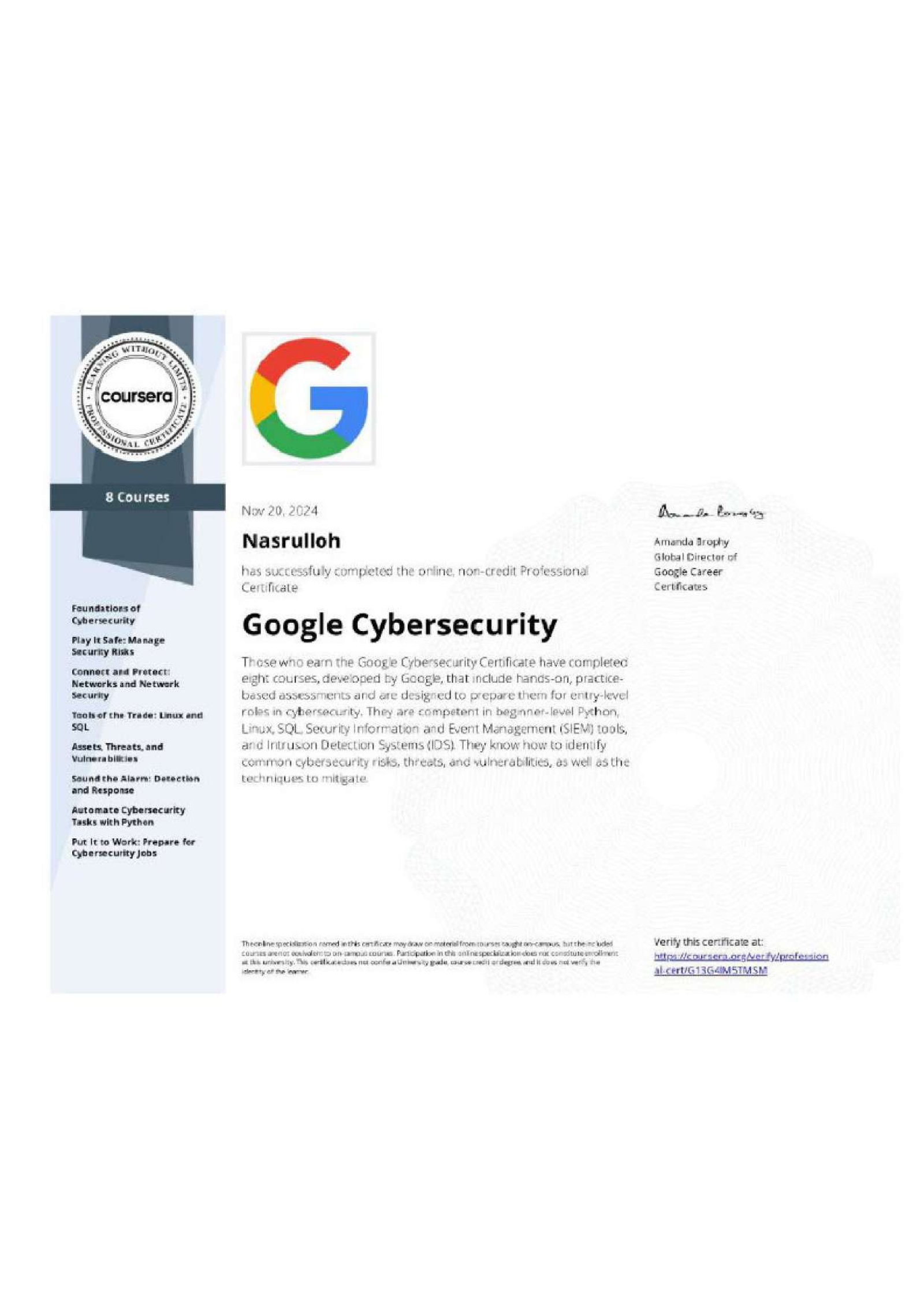 Google CyberSecurity Certificate